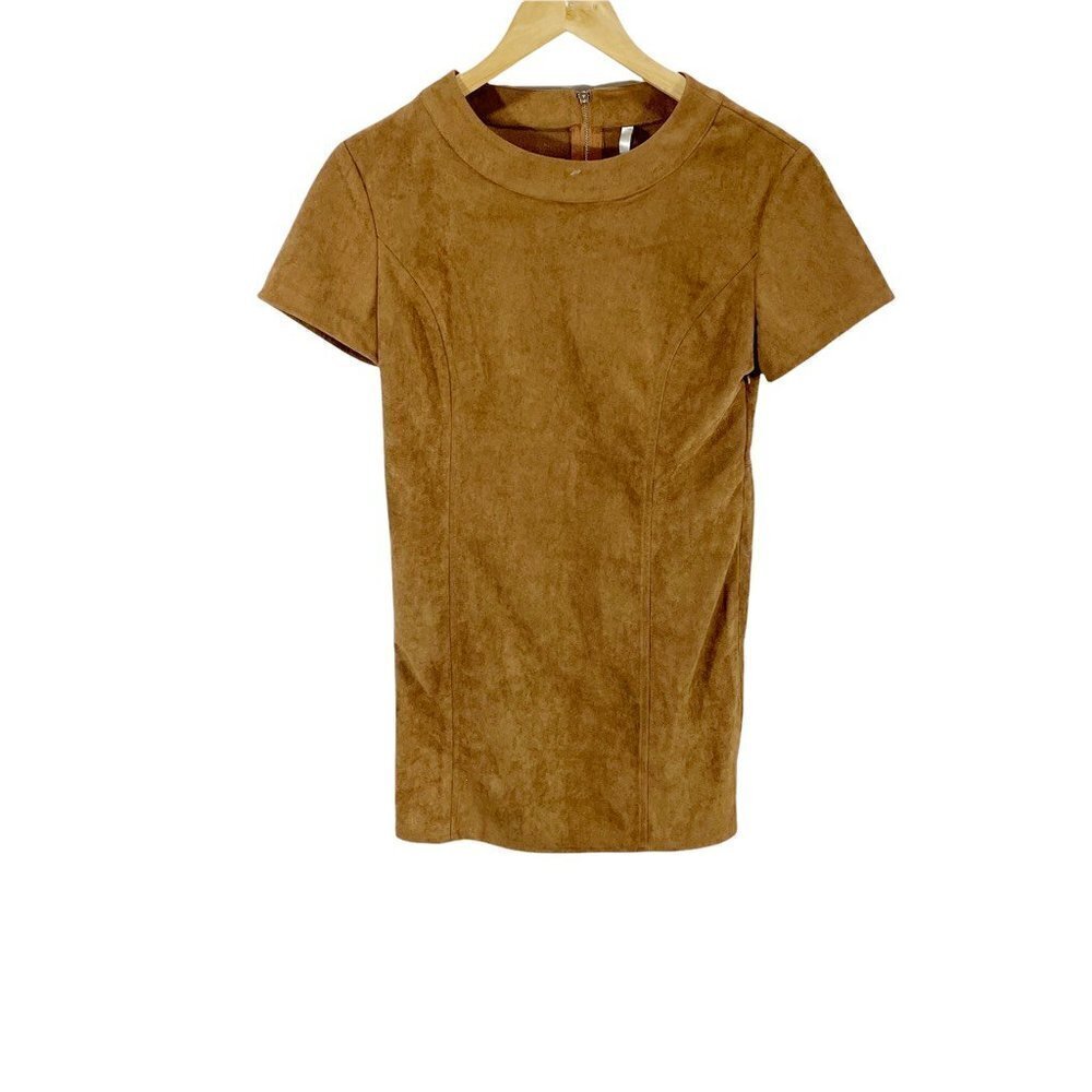 Mona B Womens Suede Brown Short Sleeve Shift Dress Zip S‎